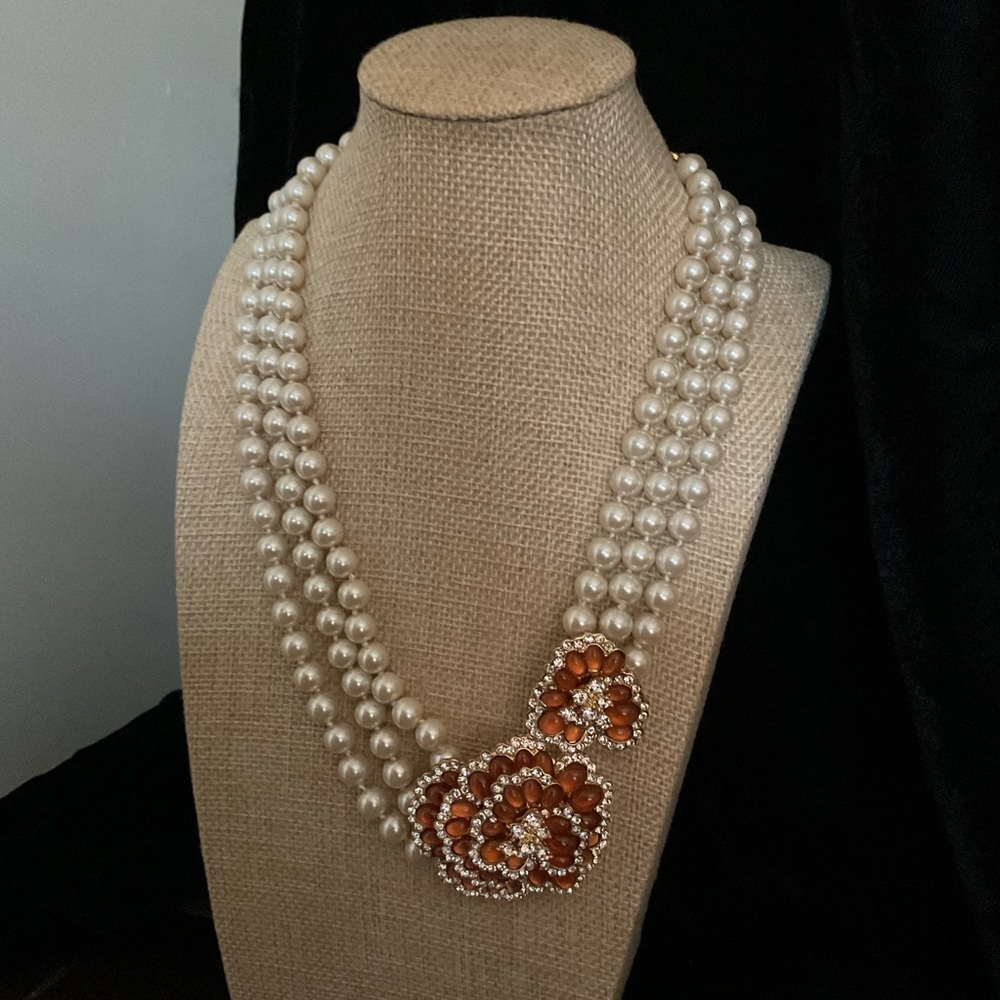 JCrew Vintage Faux Pearl and Orange Beaded Necklace